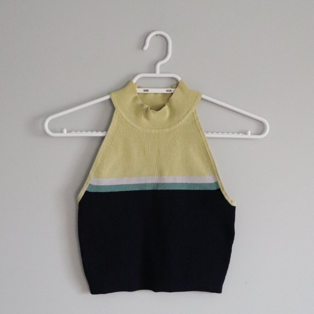 Babaton‎ Women's Sz XS Ribbed Mock Neck Sleeveless Cropped Knit Striped Top